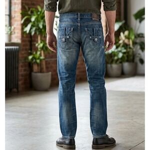 Vintage DEPARTED Jeans Mens 34 x 30 Blue Faded Embroidered Cyber Goth Skater Y2K